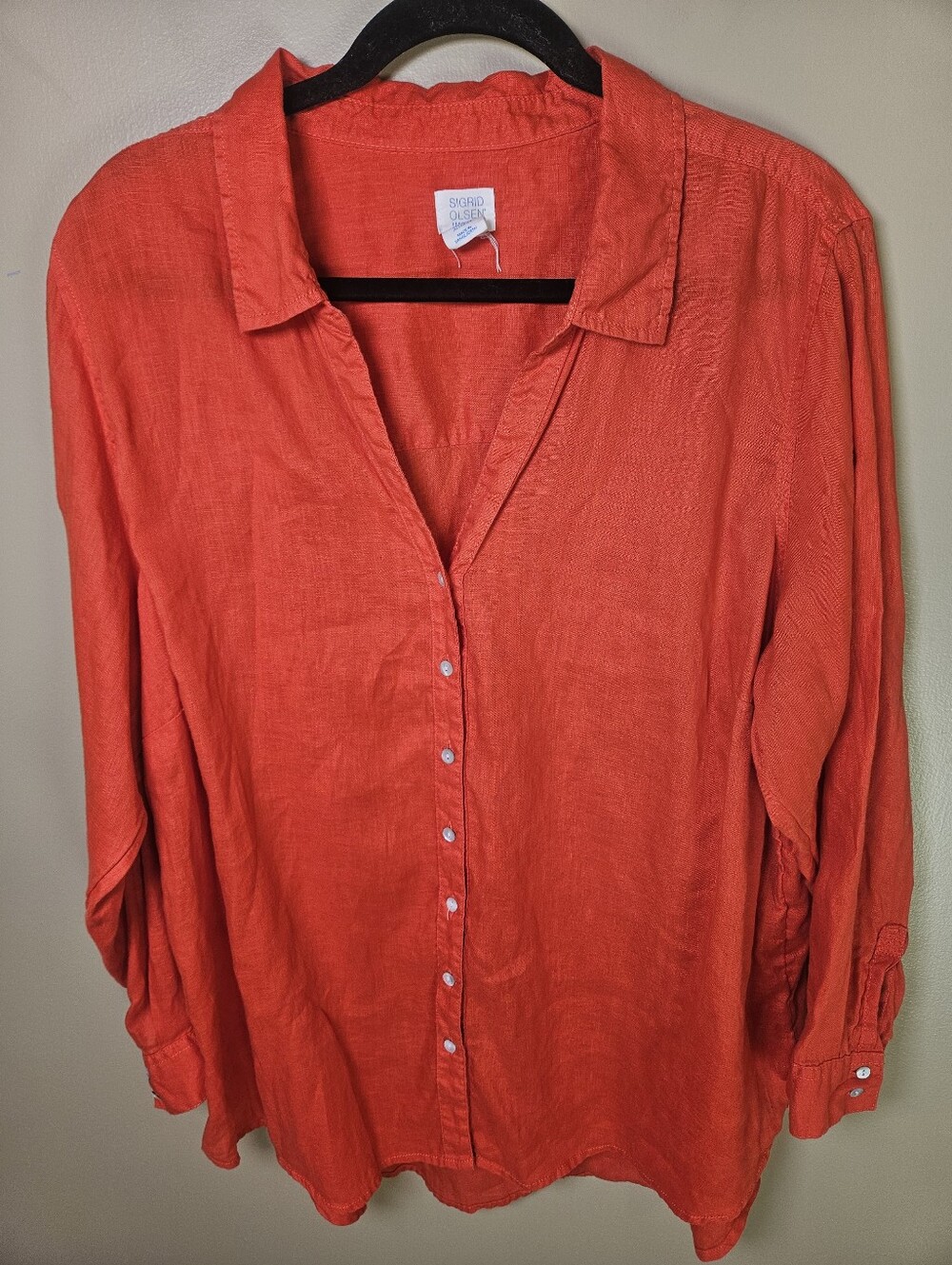 Sigrid Olsen Orange 100% Linen Button Front Vneck Lightweight Blouse Plus 2X